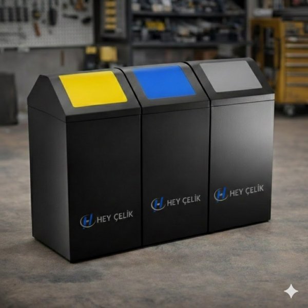 3'Lü Sallanır Kapaklı Sıfır Atık Kutusu | Hey Çelik Üretici Firma  (SAK-303)