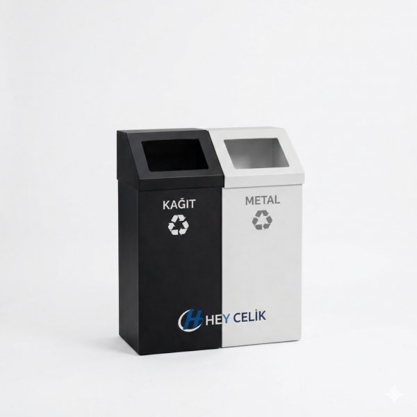 Sıfır Atık Kutusu | Sıfır Atık Üniteleri | 2'li Metal Geri Dönüşüm Kutusu (SAK-142) | Hey Çelik